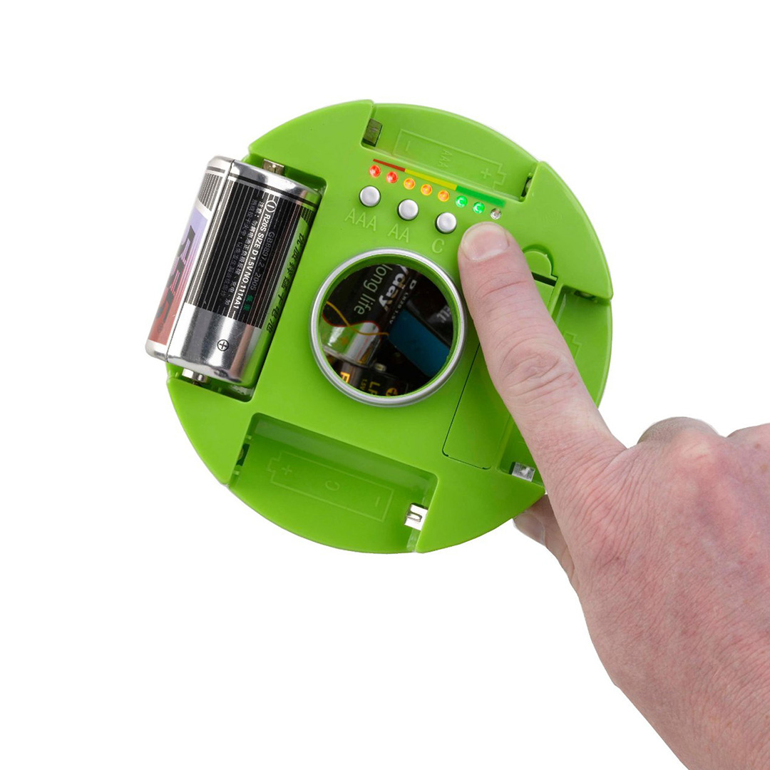 Finger pressing the energy level check button on the BatRecycle lid