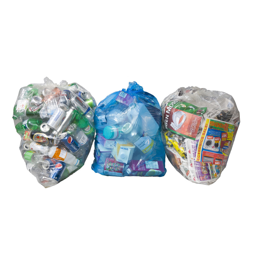 Three recycling bags filled with waste isolated on white background