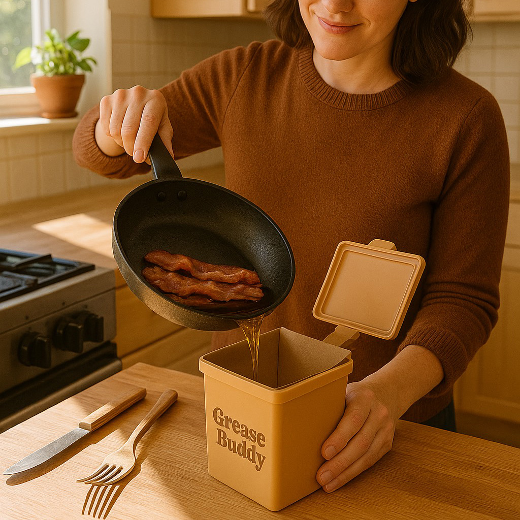 Woman pouring bacon grease from the frying pan into the Grease Buddy container with liner